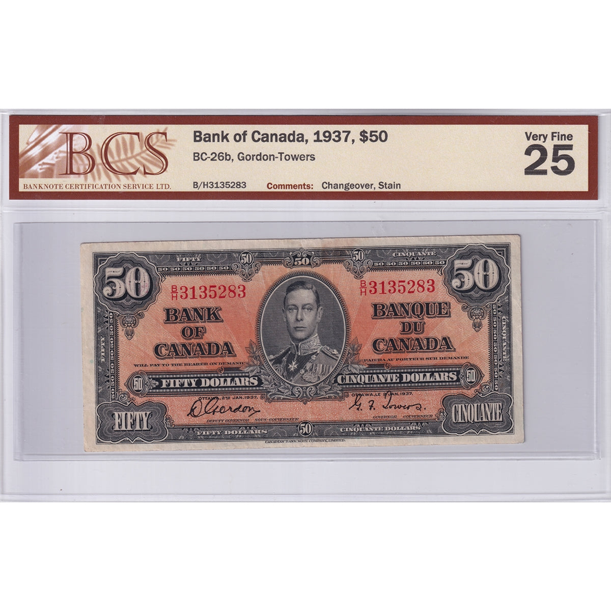 BC-26b 1937 Canada $50 Gordon-Towers, Changeover, B/H, BCS Certified VF-25 (Stain)