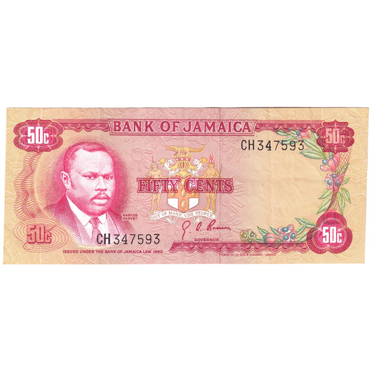 Jamaica 1970 50 Cents Note, Pick #53a, VF-EF