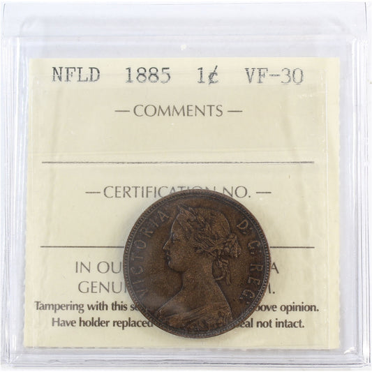 1885 Newfoundland 1-cent ICCS Certified VF-30