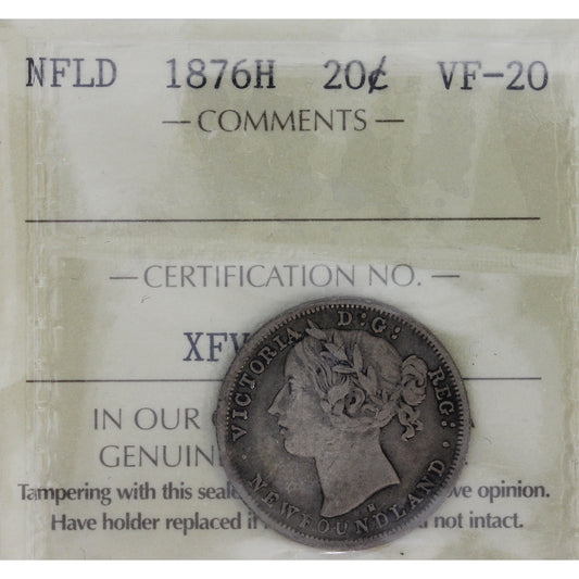 1876H Newfoundland 20-cents ICCS Certified VF-20