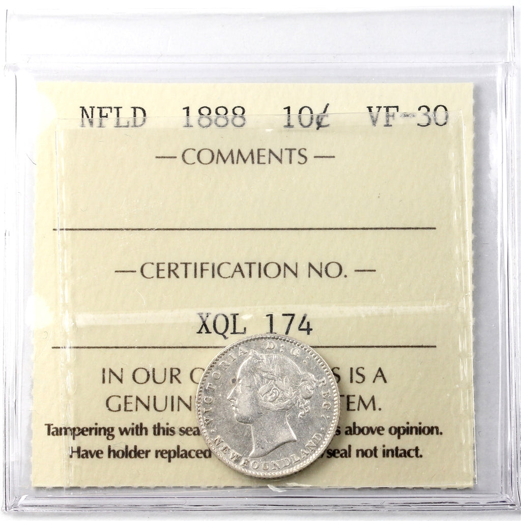 1888 Newfoundland 10-cents ICCS Certified VF-30 (XQL 174)