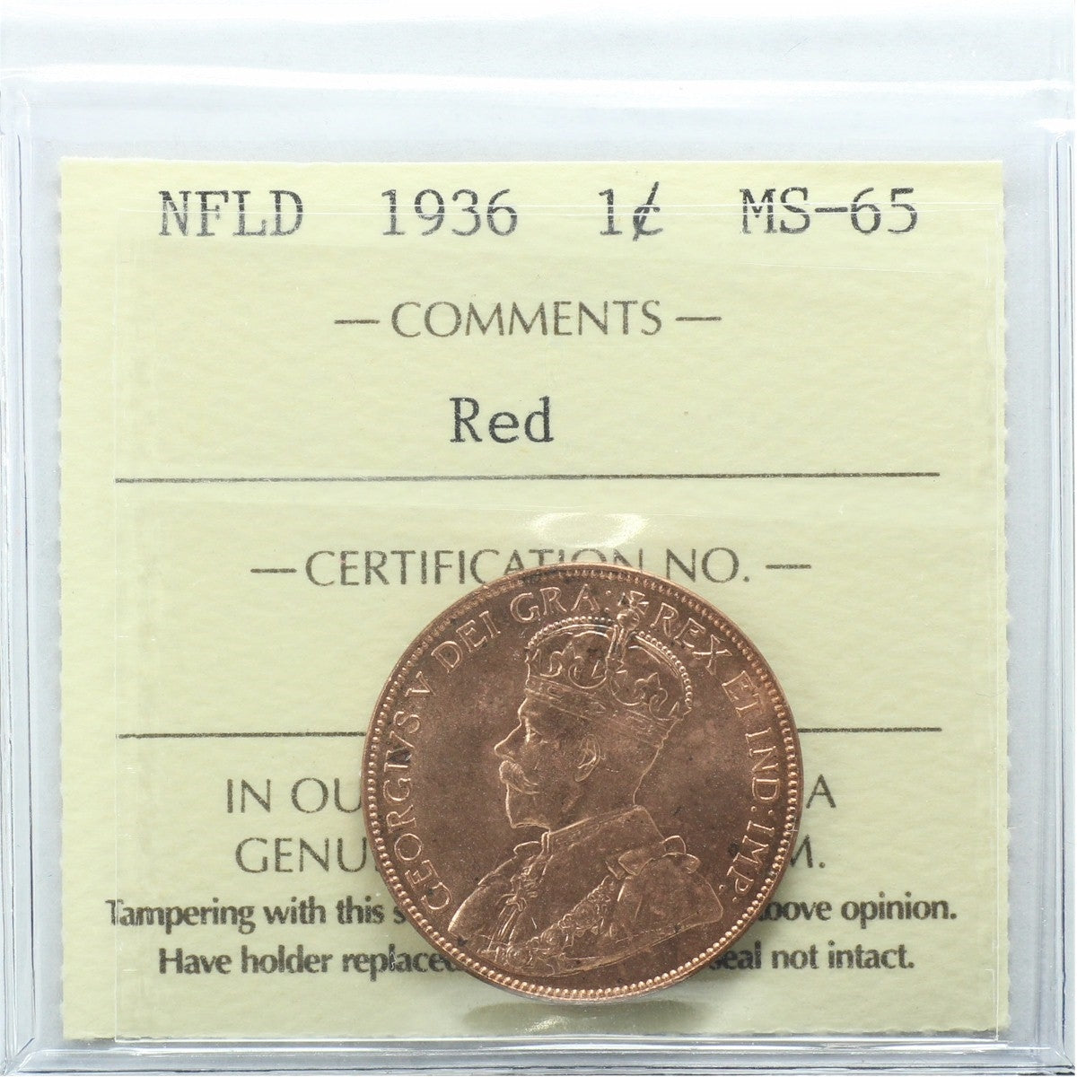 1936 Newfoundland 1-cent ICCS Certified MS-65 Red (XCE 822)