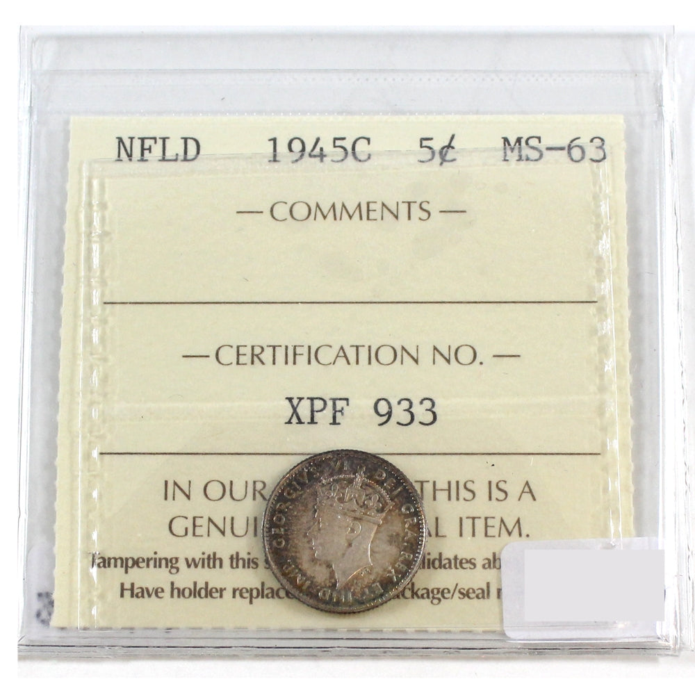 1945C Newfoundland 5-cents ICCS Certified MS-63 (XPF 933)