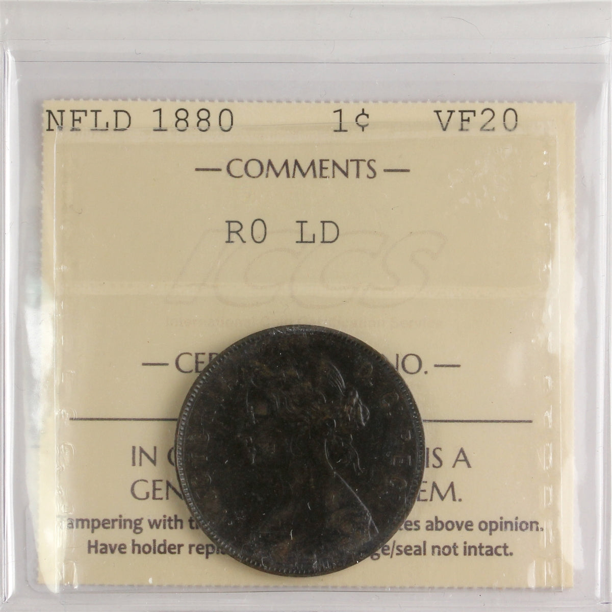 1880 RO LD Newfoundland 1-cent ICCS Certified VF-20