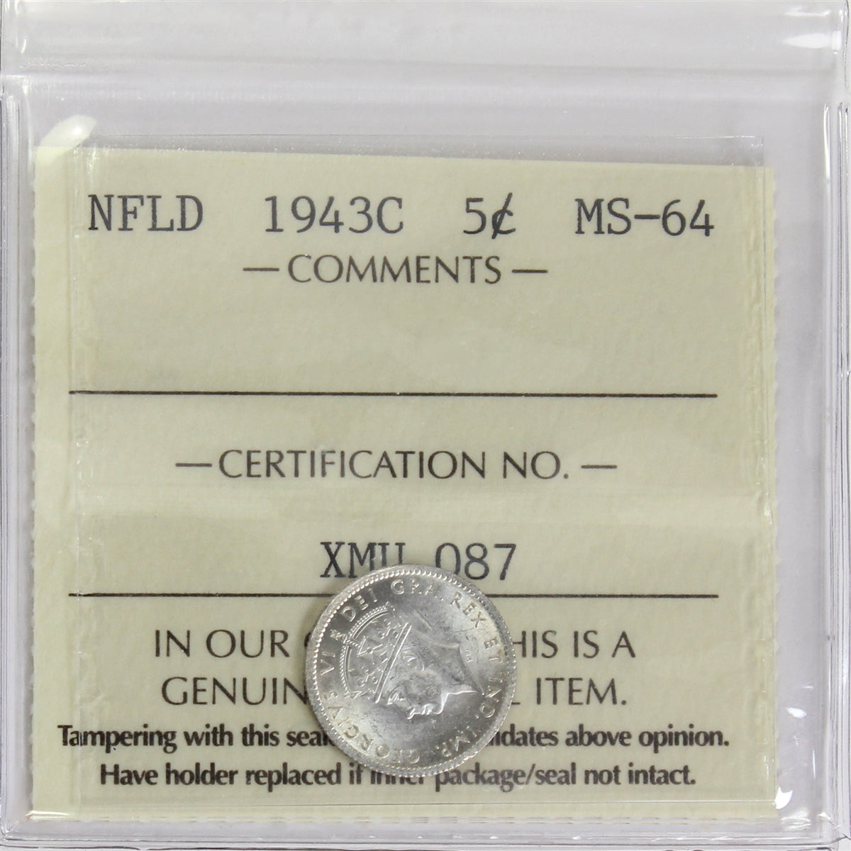 1943C Newfoundland 5-cents ICCS Certified MS-64