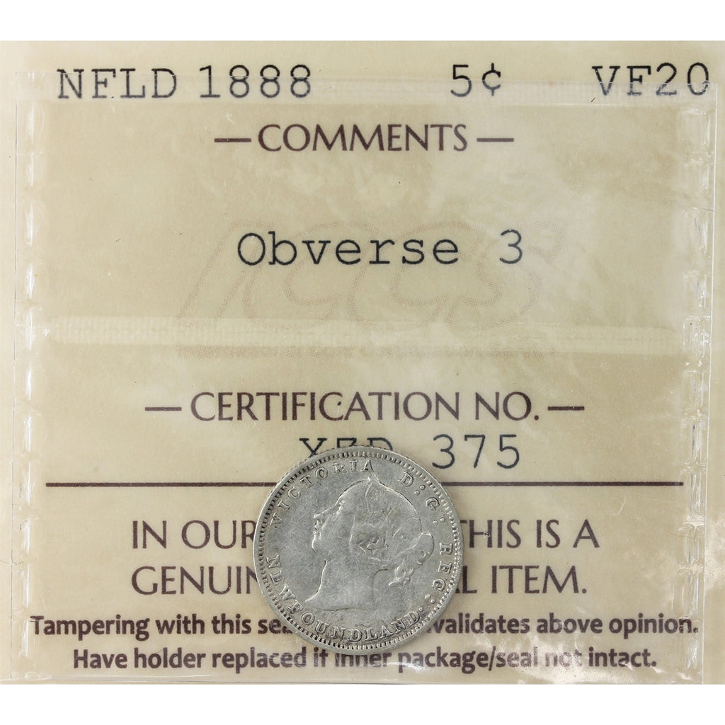 1888 Obv. 3 Newfoundland 5-cents ICCS Certified VF-20