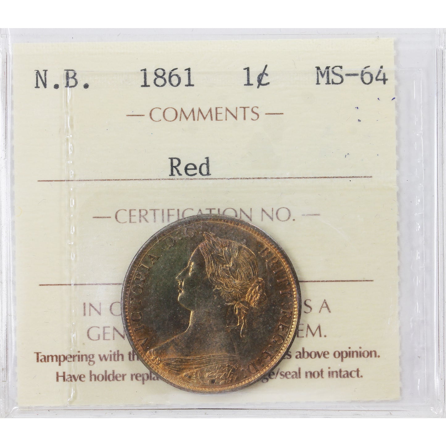 1861 New Brunswick 1-cent ICCS Certified MS-64 (EA 069)