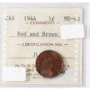 1944 Canada 1-Cent ICCS Certified MS-63 Red and Brown