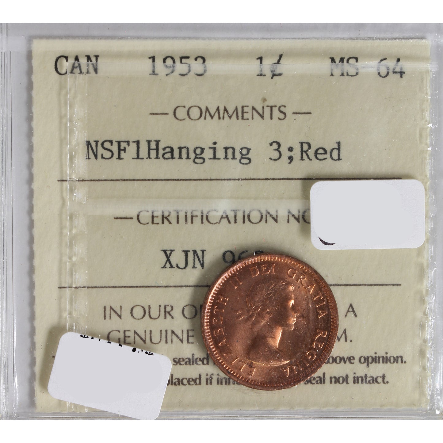 1953 NSF Hanging 3 Canada 1-Cent ICCS Certified MS-64 Red