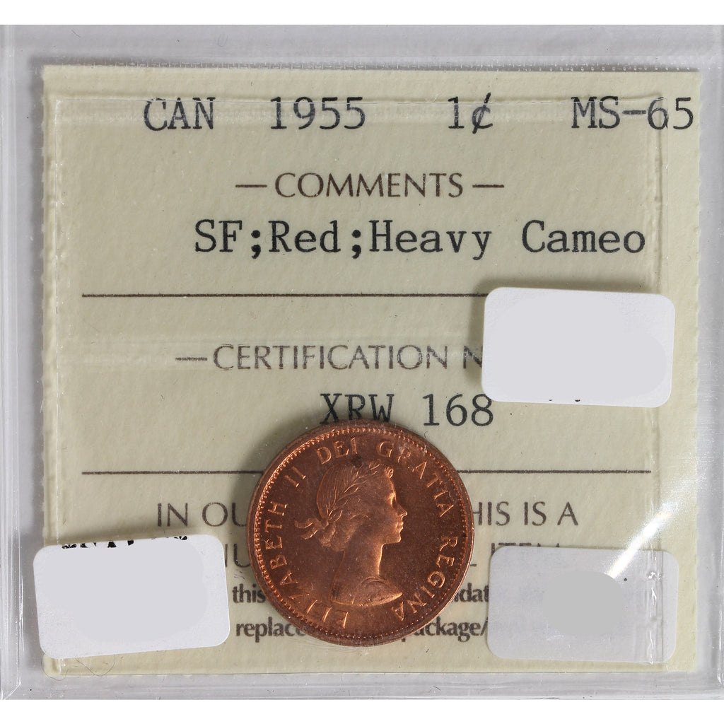 1955 SF Canada 1-Cent ICCS Certified MS-65 Heavy Cameo Red