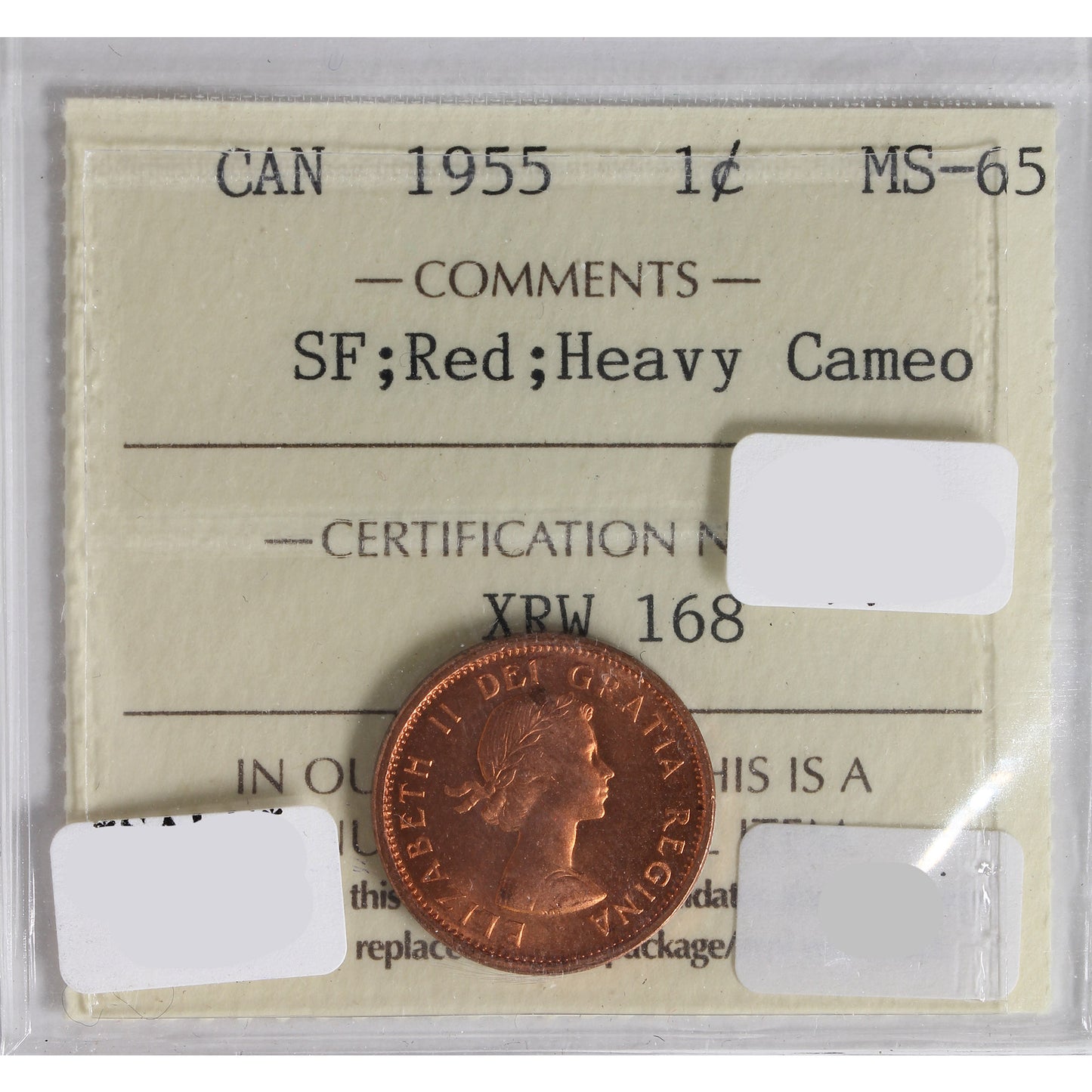 1955 SF Canada 1-Cent ICCS Certified MS-65 Heavy Cameo Red