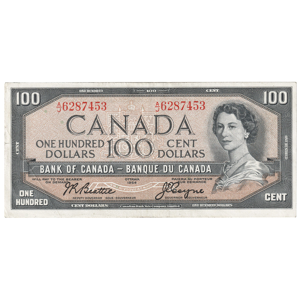 BC-43a 1954 Canada $100 Beattie-Coyne, A/J, VF-EF (Tear)