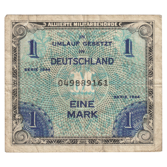 Germany 1944 1 Mark 9 digit w/F, Pick #192a, VF (Tear)