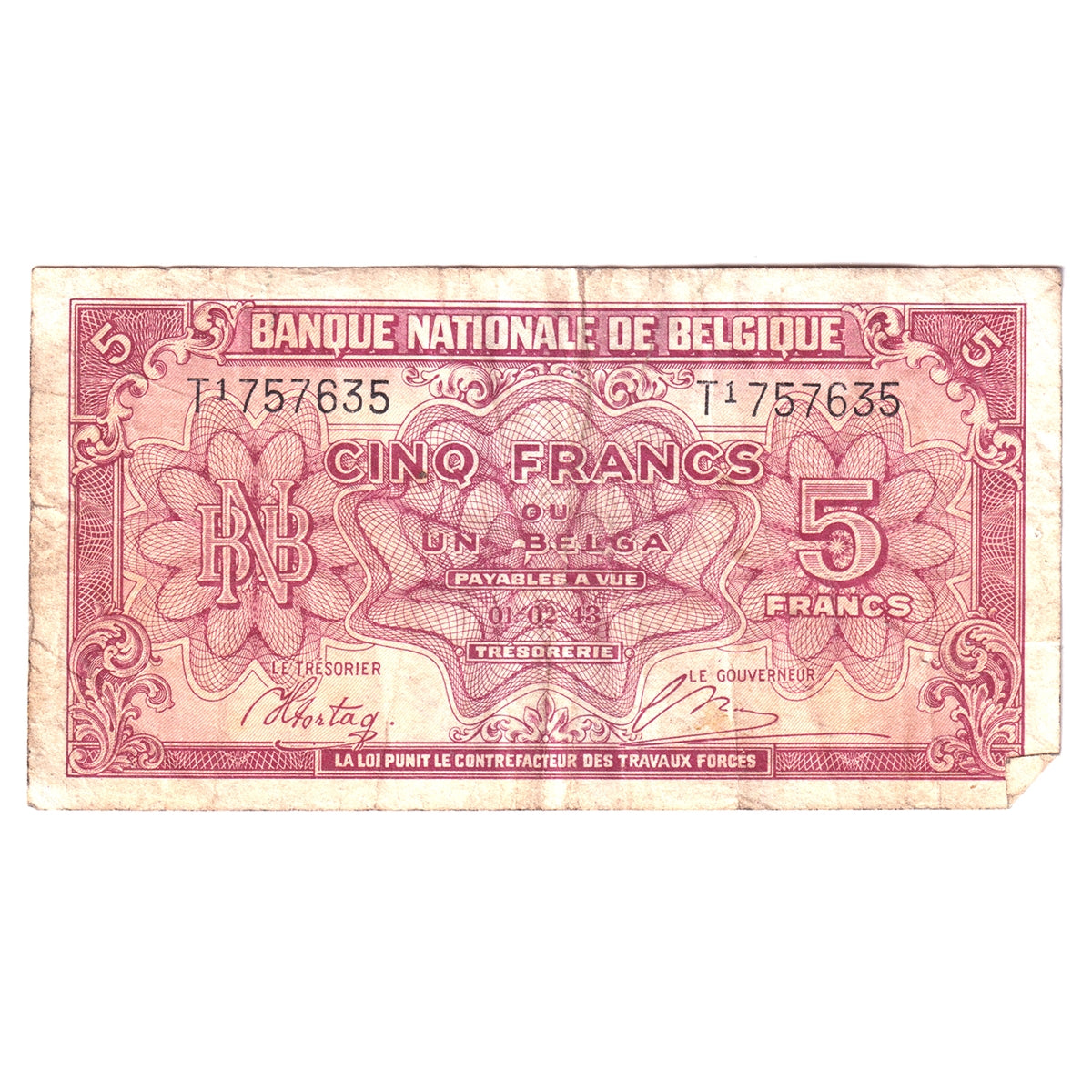 Belgium 1943 5 Francs - 1 Belga Note, Pick #121a, VF (May have pinholes)