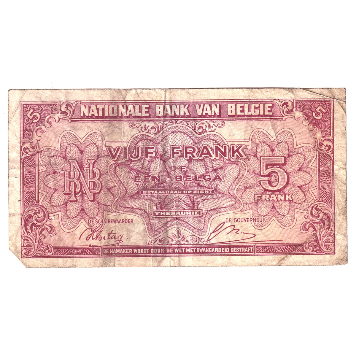 Belgium 1943 5 Francs - 1 Belga Note, Pick #121a, VF (May have pinholes)