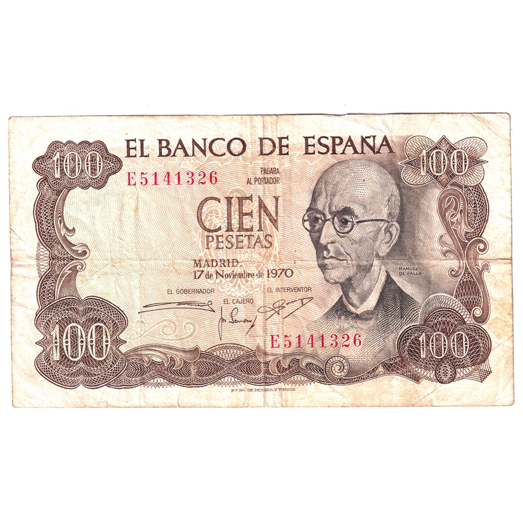 Spain 1970 100 Pesetas Note, Pick #152a, VF (Stains, holes, or tears)