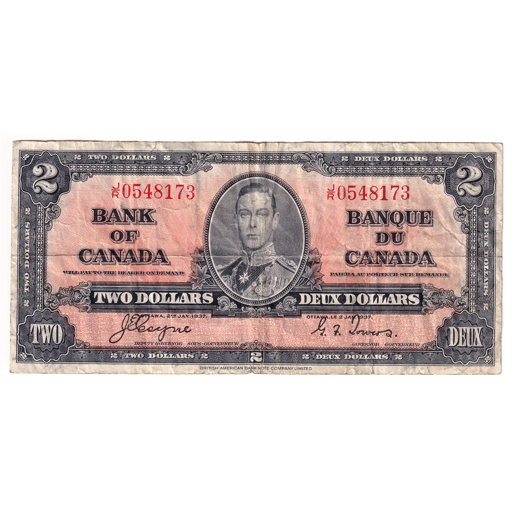 BC-22c 1937 Canada $2 Note, Coyne-Towers, F-VF (Soiling, tears, or damaged)