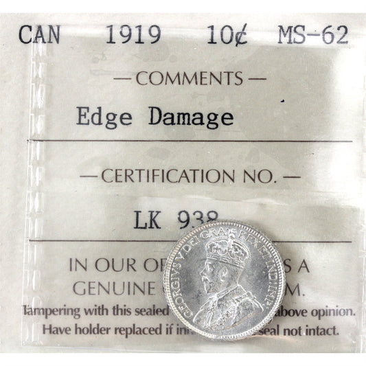 1919 Canada 10-cents ICCS Certified MS-62 (Edge Damage)