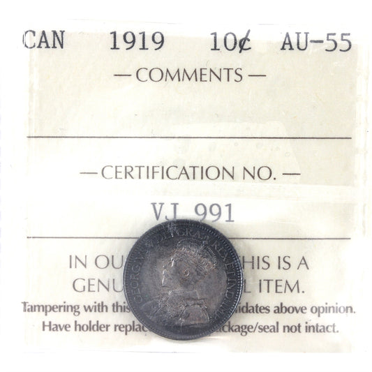 1919 Canada 10-cents ICCS Certified AU-55