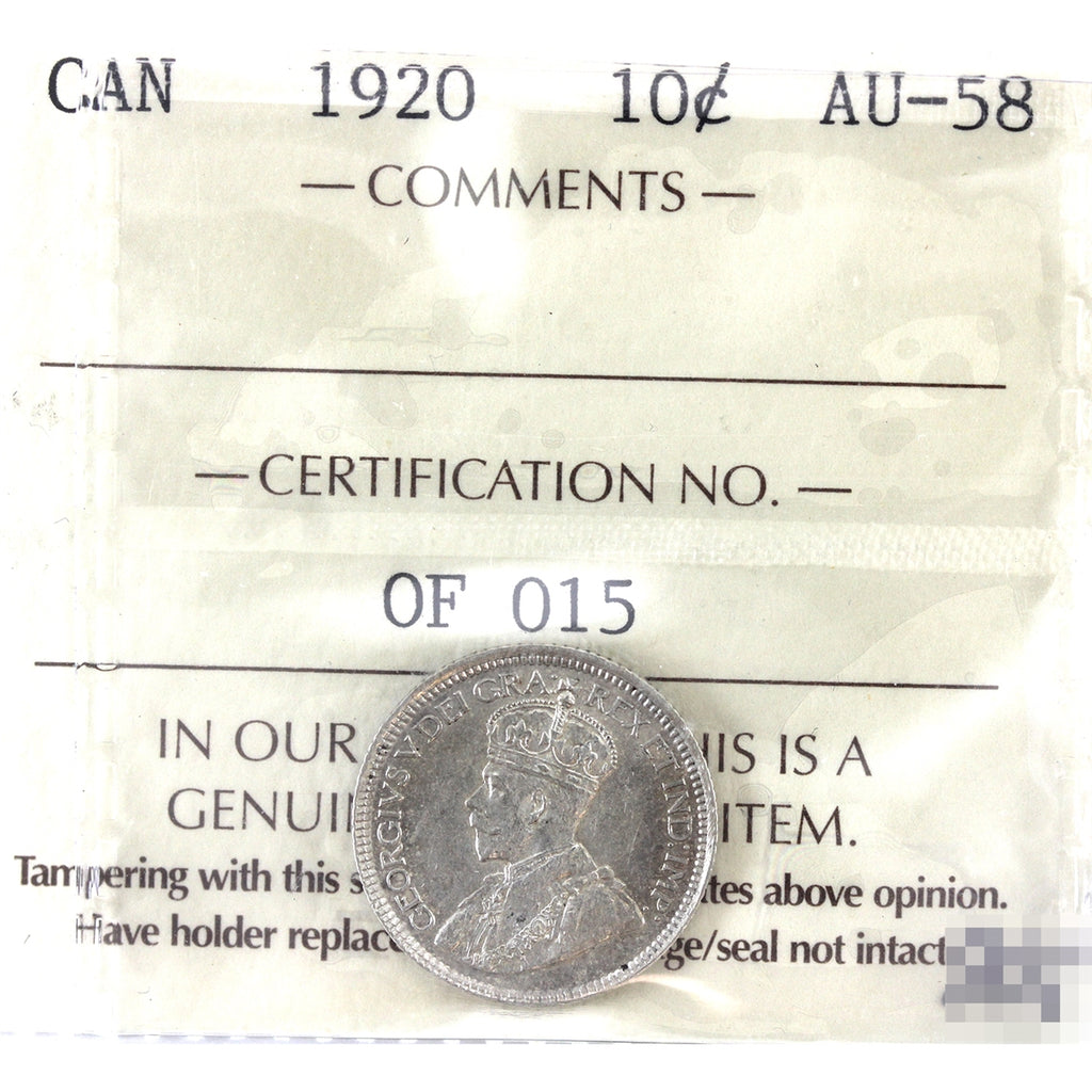 1920 Canada 10-cents ICCS Certified AU-58