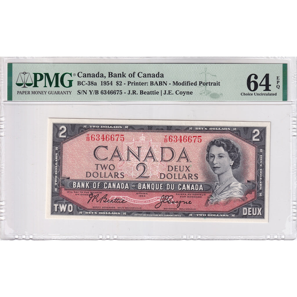 BC-38a 1954 Canada $2 Beattie-Coyne, Modified Portrait, Y/B, PMG Certified CUNC-64 EPQ