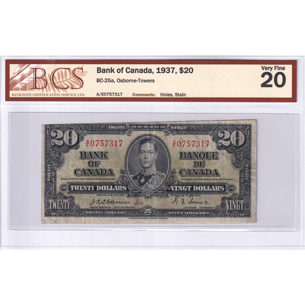 BC-25a 1937 Canada $20 Osborne-Towers, A/E, BCS Certified VF-20 (Holes, Stain)