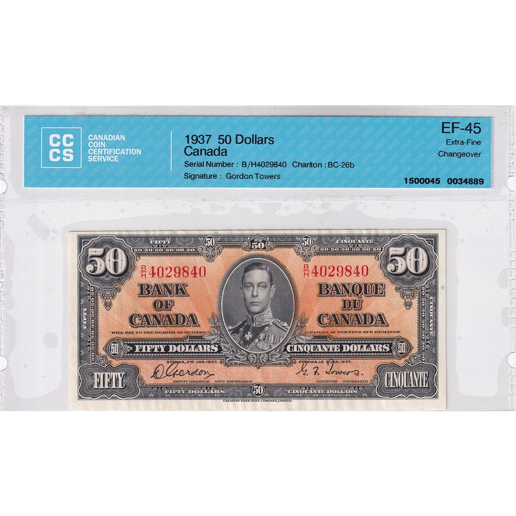 BC-26b 1937 Canada $50 Gordon-Towers, Changeover, B/H, CCCS Certified EF-45