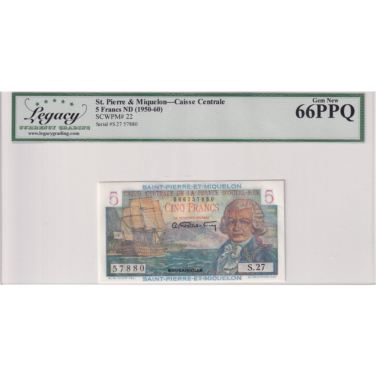 St. Pierre & Miquelon 1950-1960 5 Francs Note, Pick #22, Legacy Certified GUNC-66 PPQ