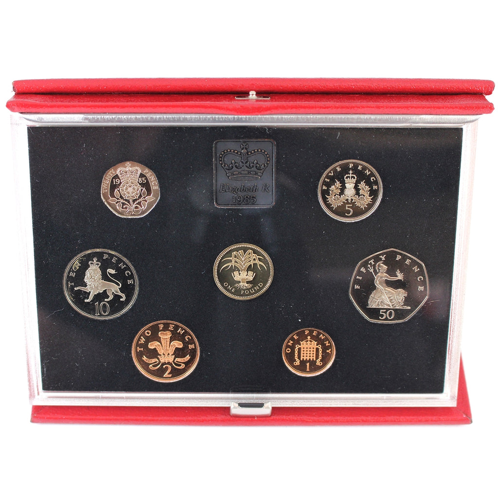 1985 Great Britain 7-coin Proof Set in Deluxe Case (10p impaired, other light issues)