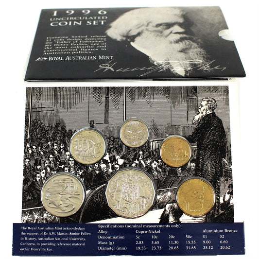 1996 Australia 6-coin Mint Set with Sir Henry Parkes $1 in Folder (Some issues)