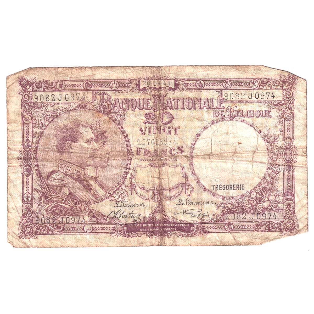 Belgium Note, 1940-1947 20 Francs, Pick #111, Circ