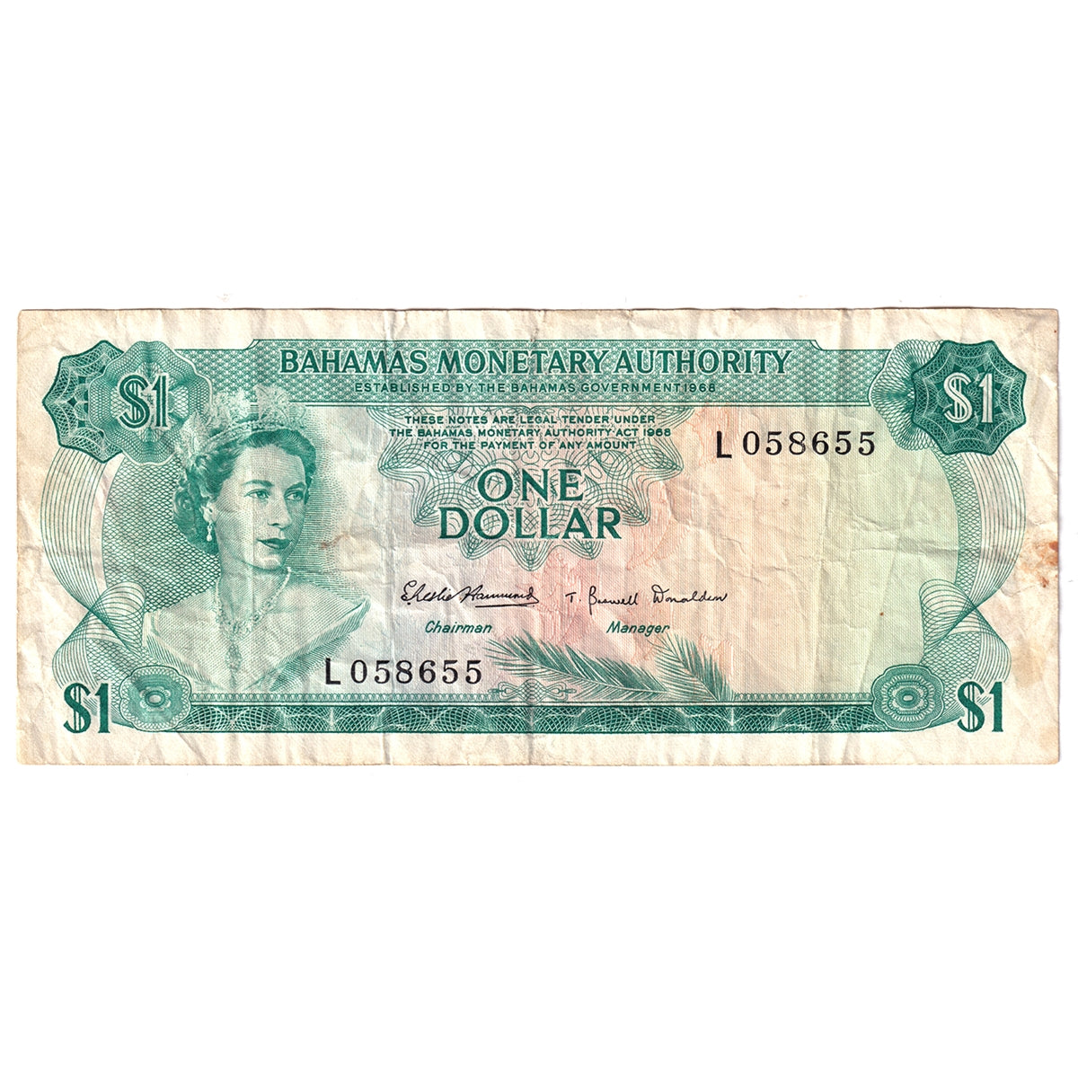 Bahamas Note, 1968 1 Dollar, Pick #27a, Circ (Impaired)