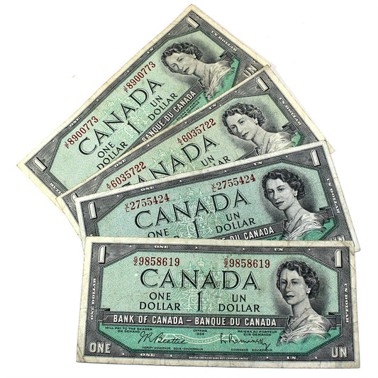 Lot of 4x 1954 Canada $1 Notes with All 4 Different Signature Combinations, Circ, 4Pcs