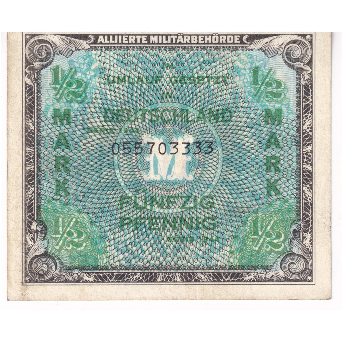 Germany Note, 1944 1/2 Mark, with F, Pick #191a, AU