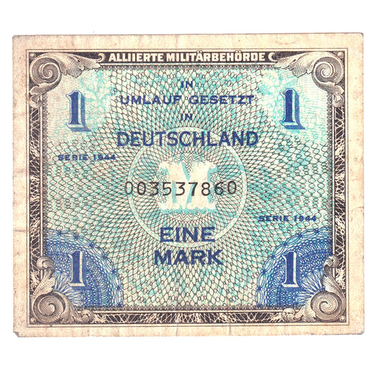 Germany Note, 1944 1 Mark, 9 Digit with F, Pick #192a, AU