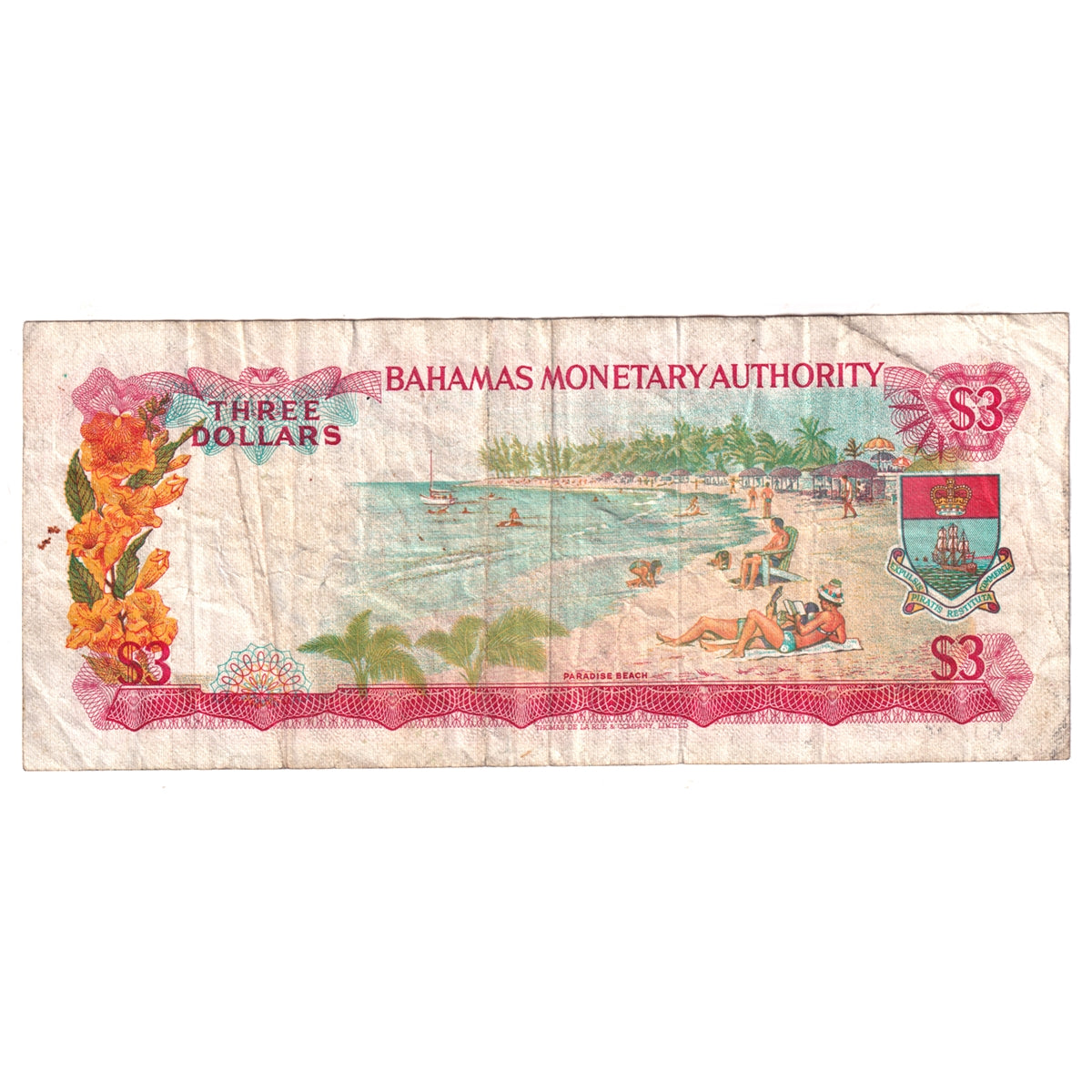 Bahamas Note, Pick #28a 1968 3 Dollars, Very Fine (VF-20) Writing