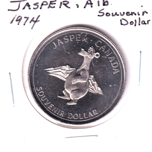 1974 Jasper, Alberta, Souvenir Dollar Trade Token: Old Man Mountain & Major Brewster