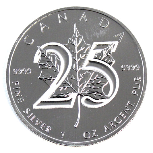 2013 Canada $5 25th Anniversary Silver Maple Leaf .9999 Fine (No Tax) Lightly Toned