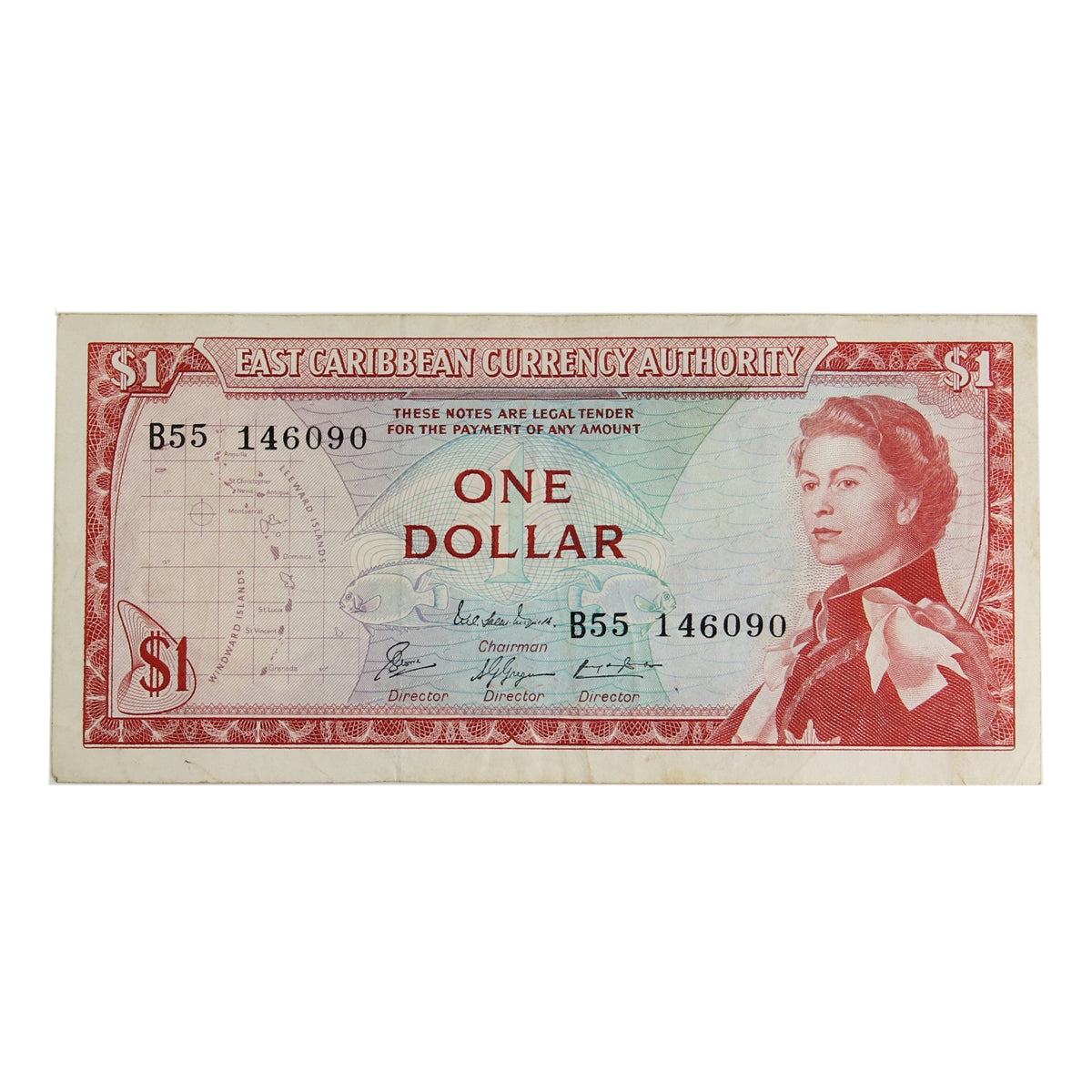 East Caribbean States 1965 $1 Pick #13e, Sign 8, VF (may have tears)