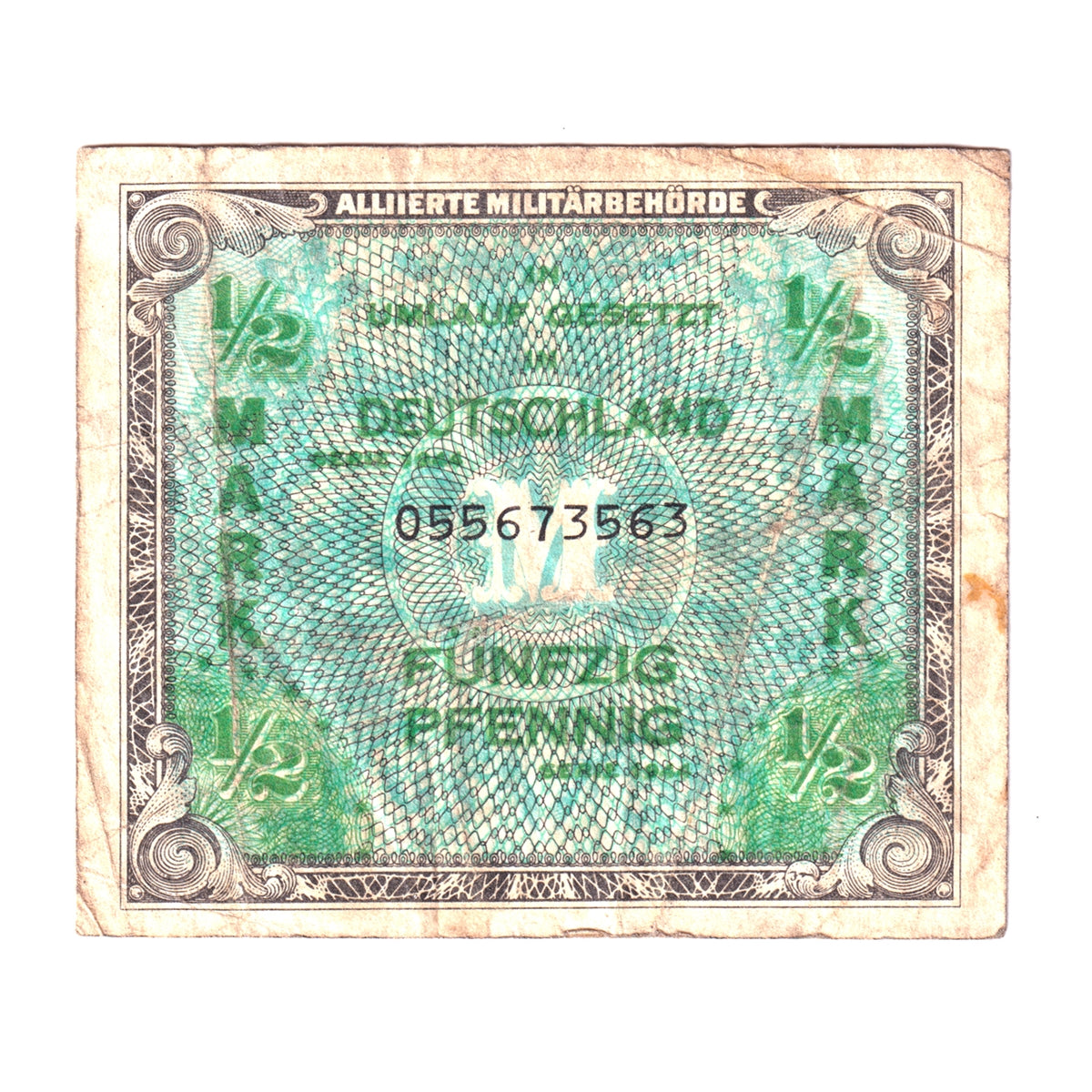 Germany 1944 1/2 Mark Very Fine (VF-20) Soiled, Stain, or Writing