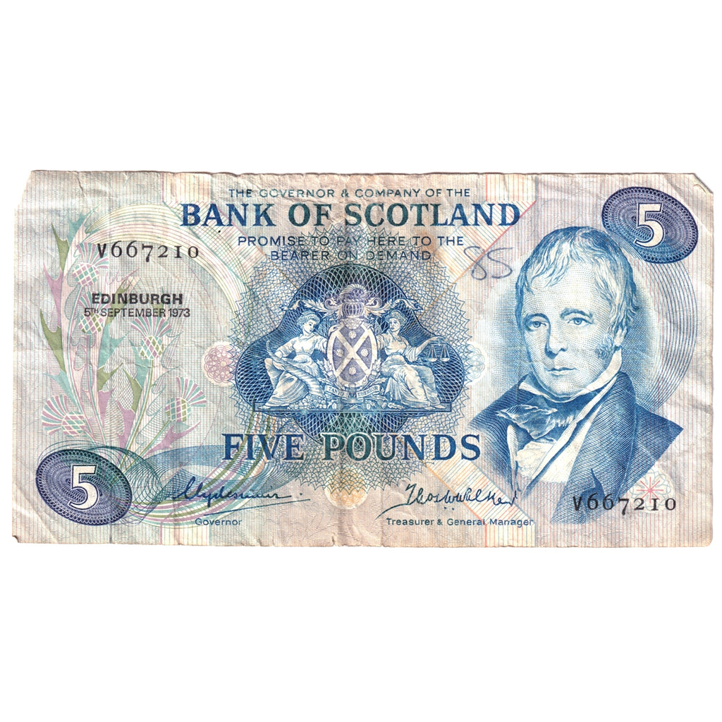 Scotland 1973 Bank of Scotland 5-pound Note, SC121b, F-VF (F-15) Damaged