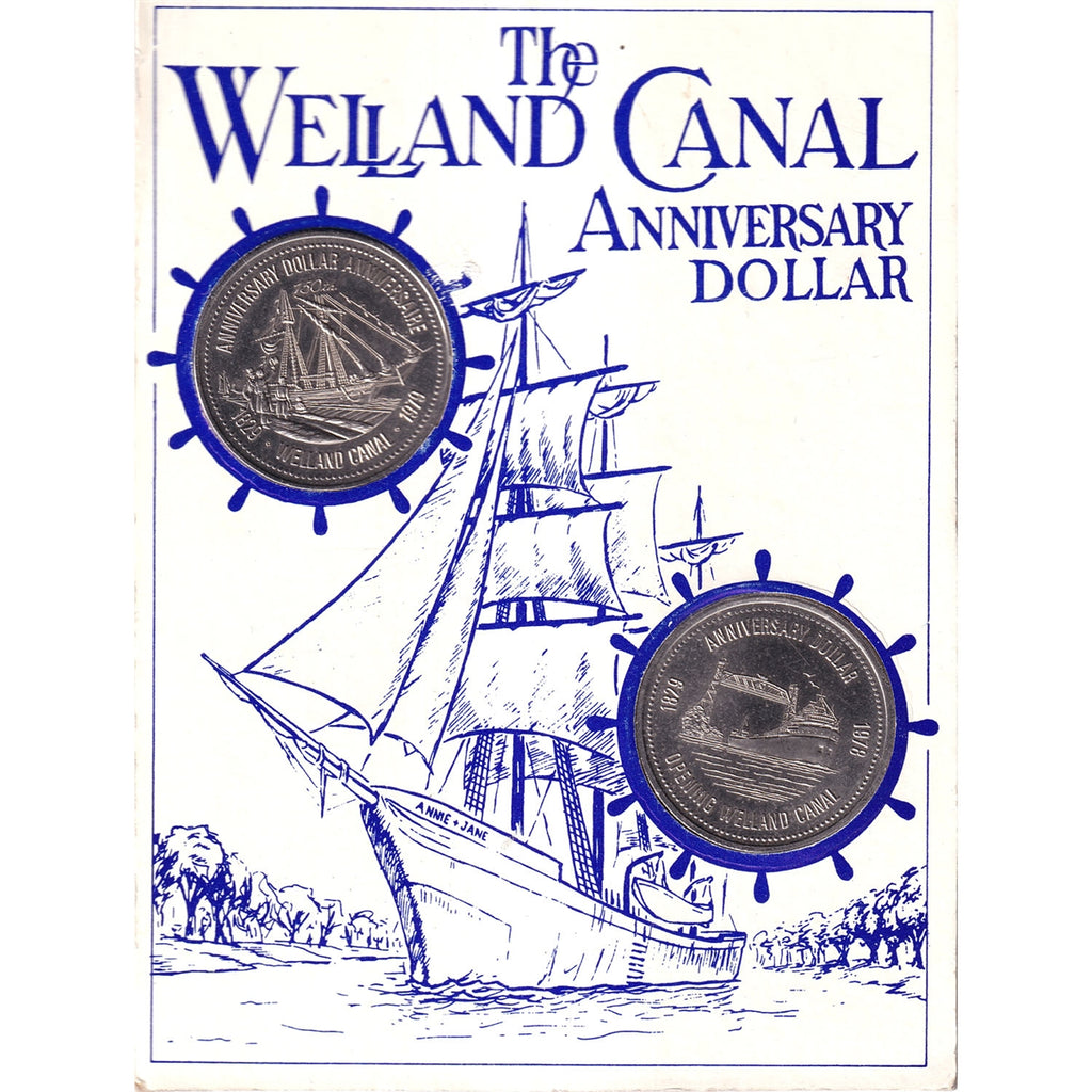 1978 & 1979 Welland Canal Anniversary Dollar Set, 2Pcs in Display Board (Lightly Toned)