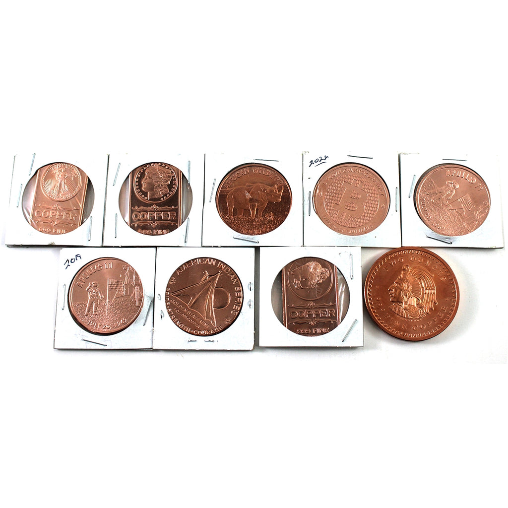 Lot of 9x 1oz. & 2oz. Fine Copper Rounds & Bars, 10oz. Total, 9Pcs (Light issues)