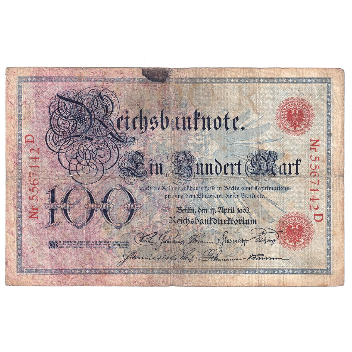 1903 Germany 100 Mark Note, Very Good (Damaged)