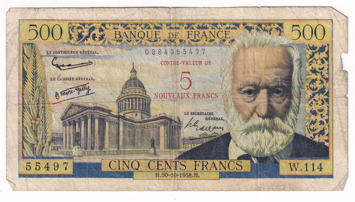 France 1958 5 Nouveaux Francs on 500 Francs, Very Good (VG-8) Damaged