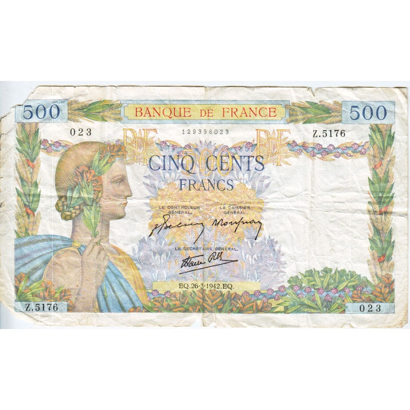 France 1942 500 Francs, VF (damaged)