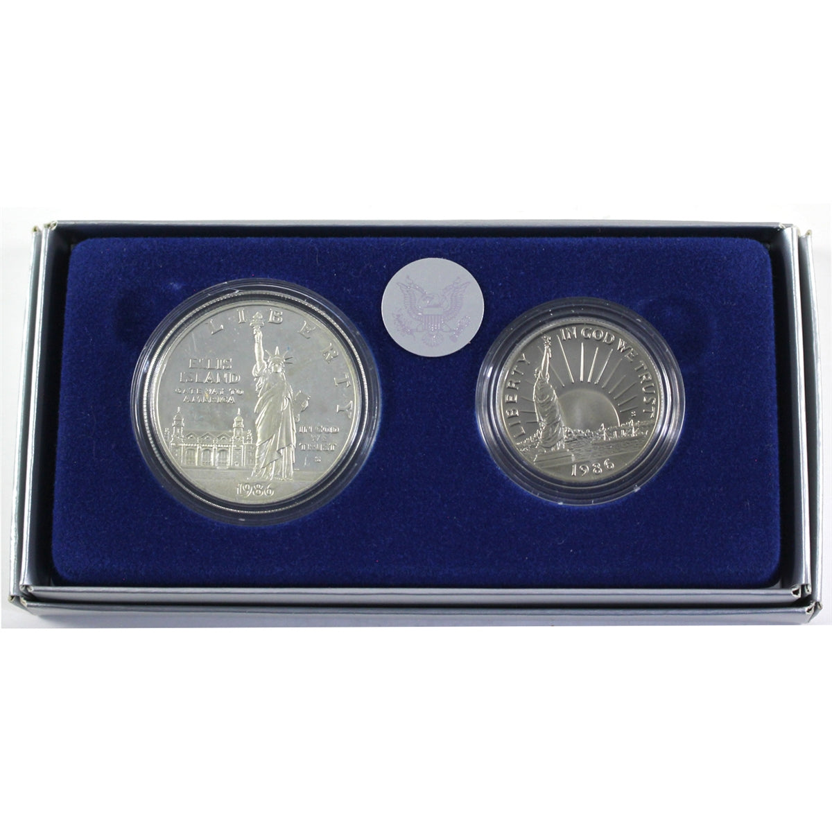 1986 S United States Liberty Coins Proof Half Dollar & Silver Dollar in Box (lightly scuffed box)