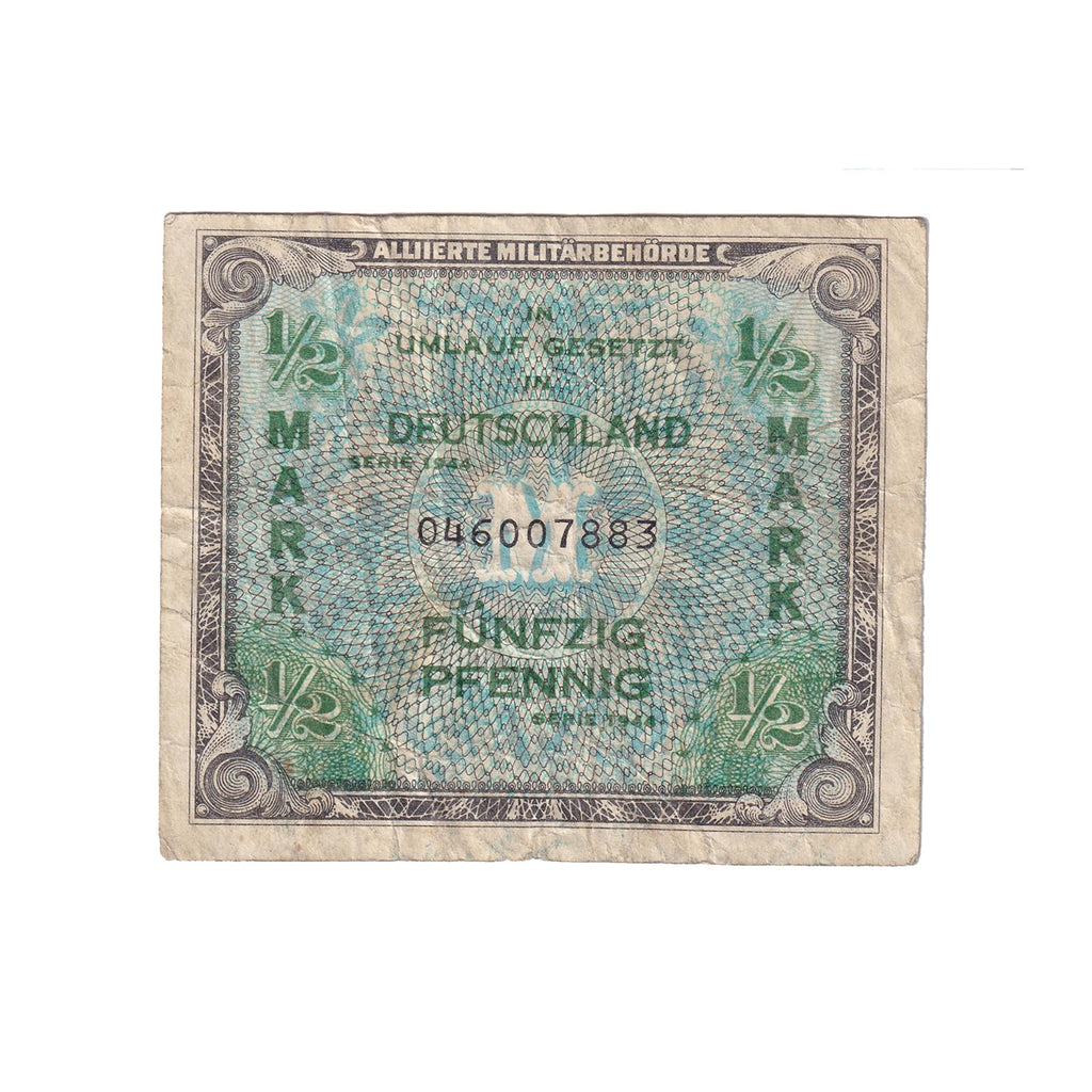 Germany Note, 1944 1/2 Mark, with F, Pick #191a, VF