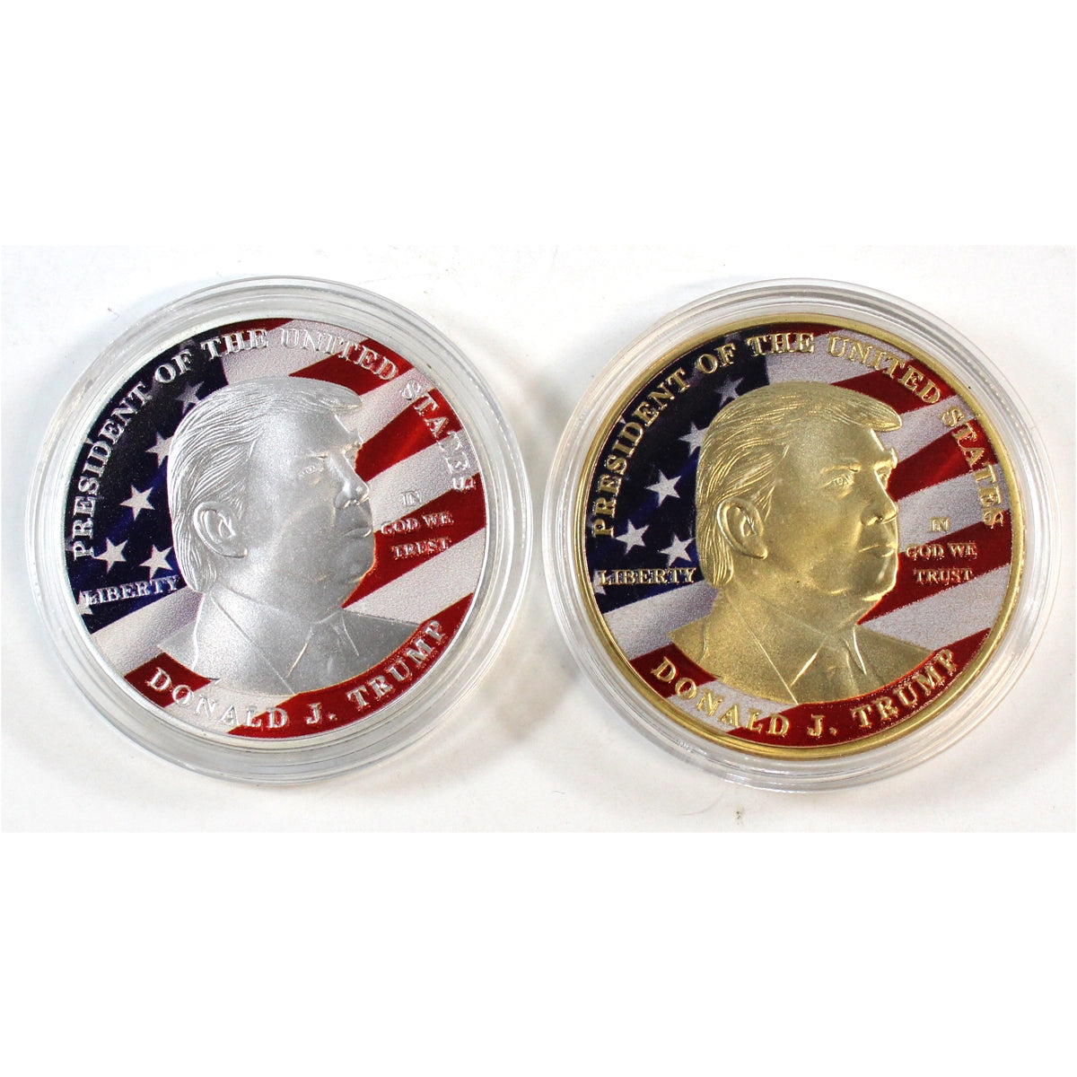 Pair of Gold & Silver Coloured Donald Trump Medallions, 2Pcs