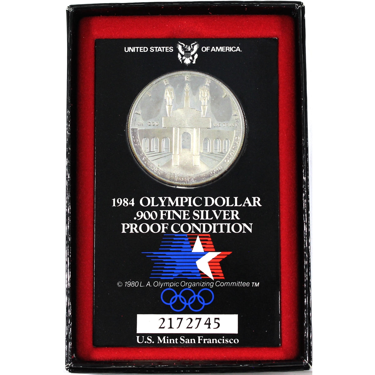 1984 S USA Olympic Dollar .900 Silver Proof in CoA Card & Box (Toned, wear on box)